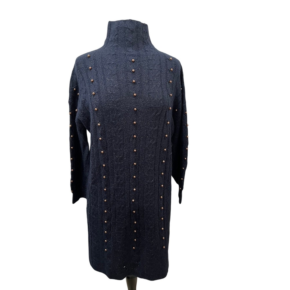 Nic+ZOE Navy Blue Metallic Cable Knit Studded Mock Neck Sweater Dress Womens